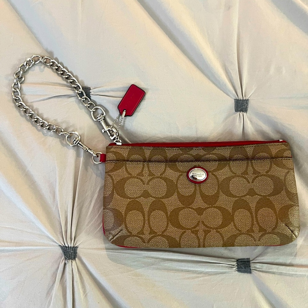 Coach Leather Wristlet - Brown w/Red Leather Trim & Chain Strap